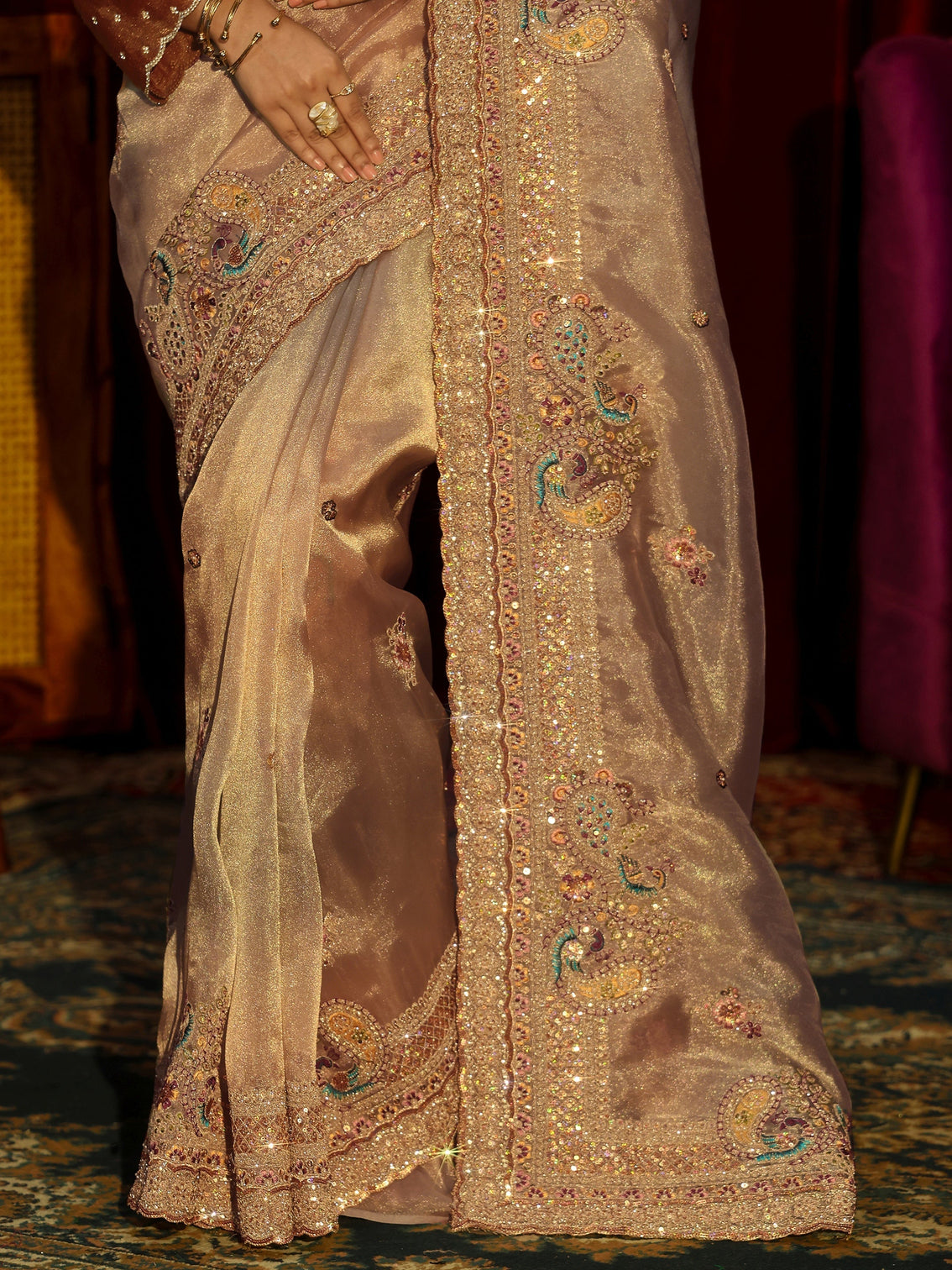Mameraa Art Beige Sequin Embellished Tissue Saree