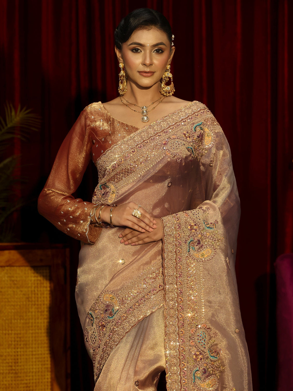 Mameraa Art Beige Sequin Embellished Tissue Saree