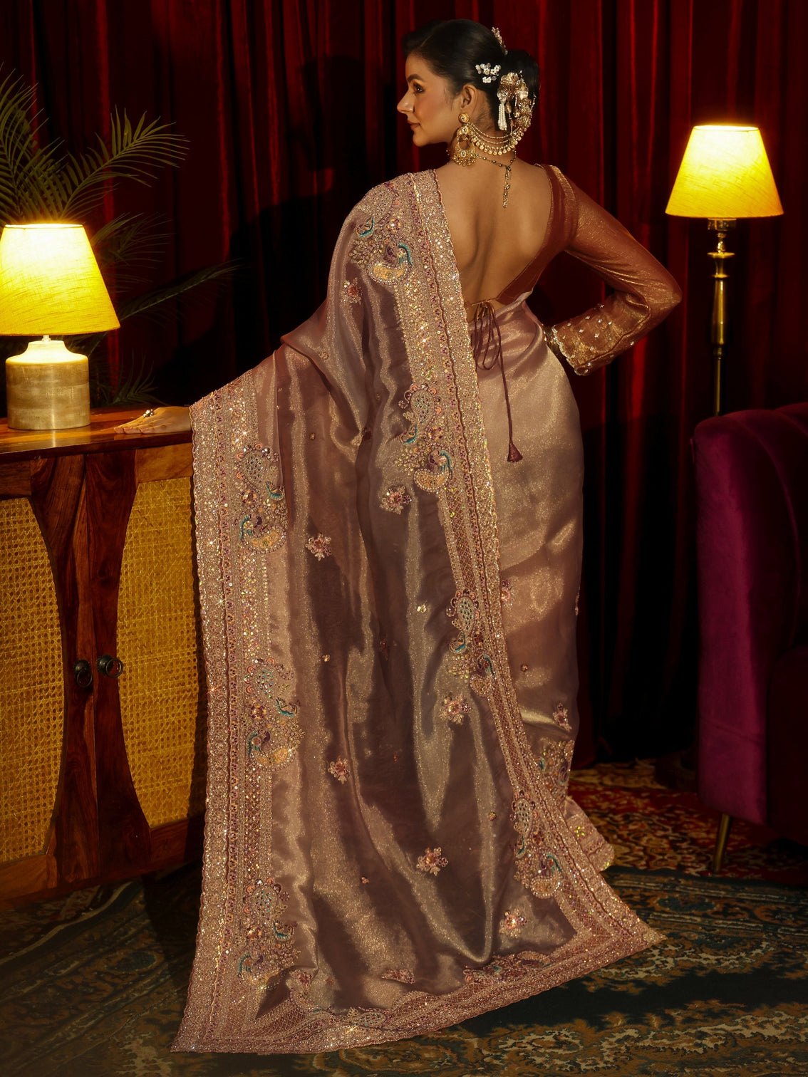 Mameraa Art Beige Sequin Embellished Tissue Saree