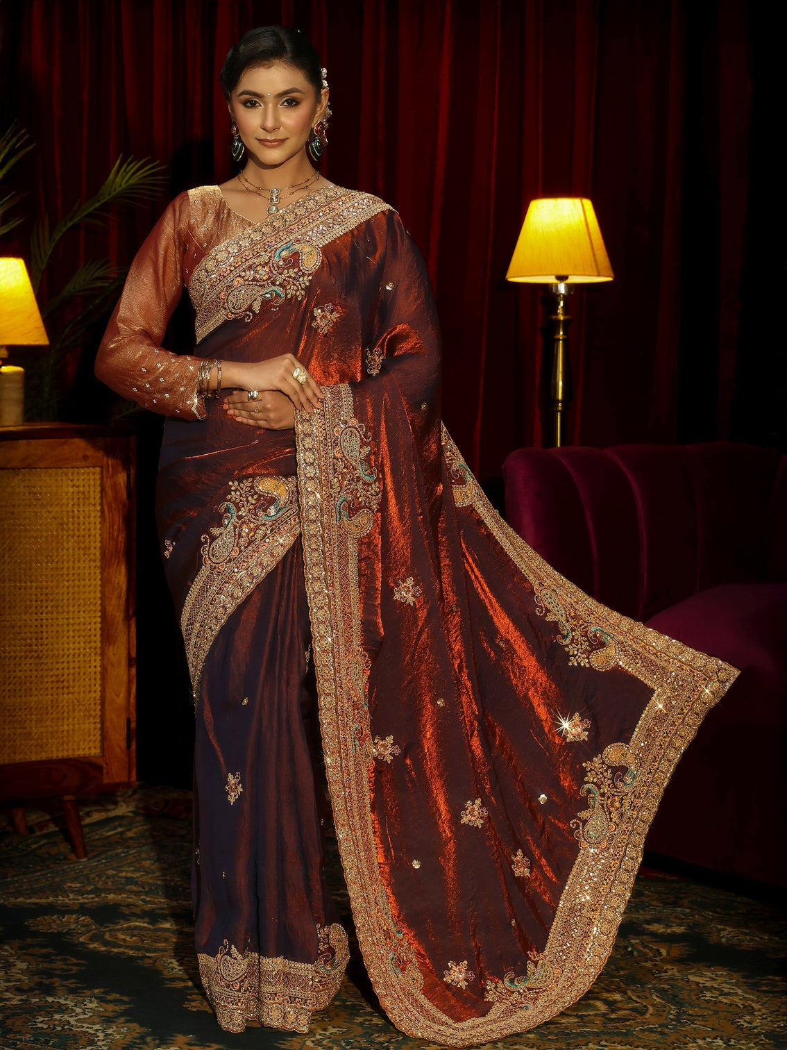 Mameraa Art Rust Brown Sequin Tissue Saree with Embellished Border