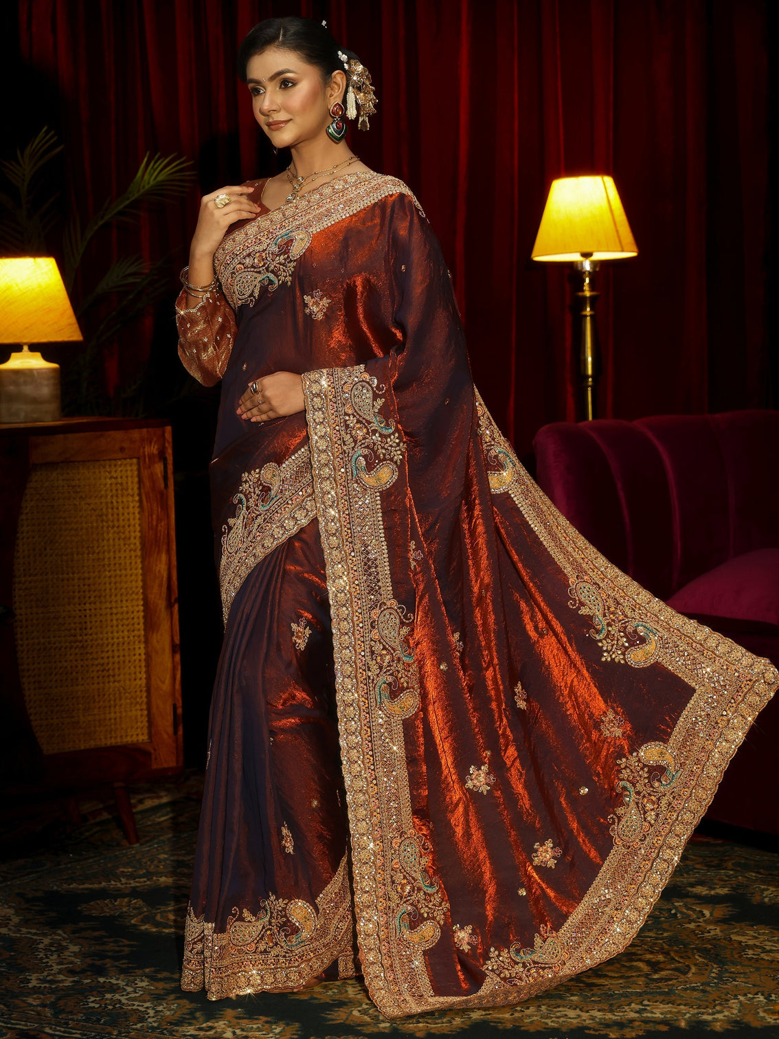 Mameraa Art Rust Brown Sequin Tissue Saree with Embellished Border