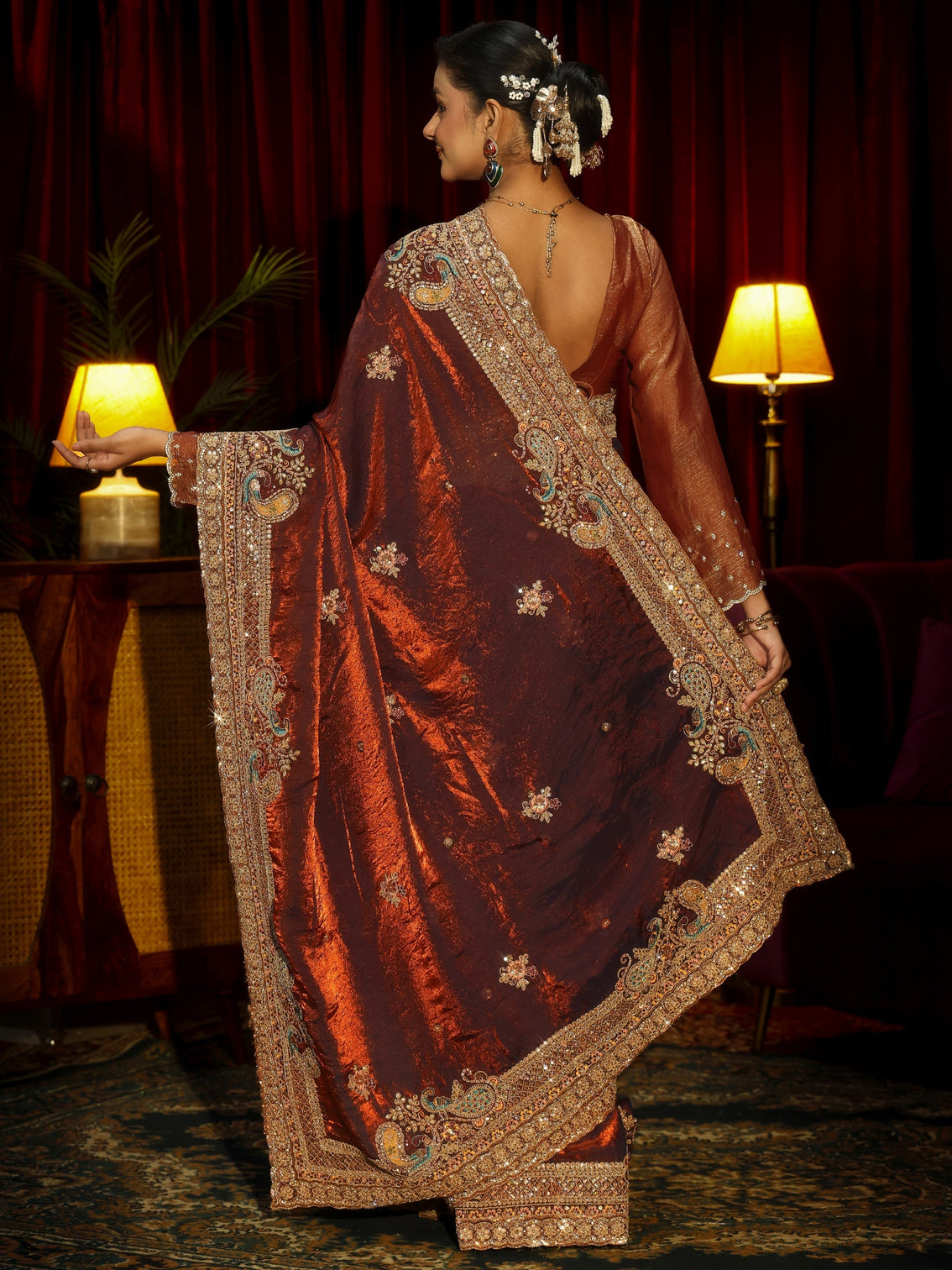 Mameraa Art Rust Brown Sequin Tissue Saree with Embellished Border