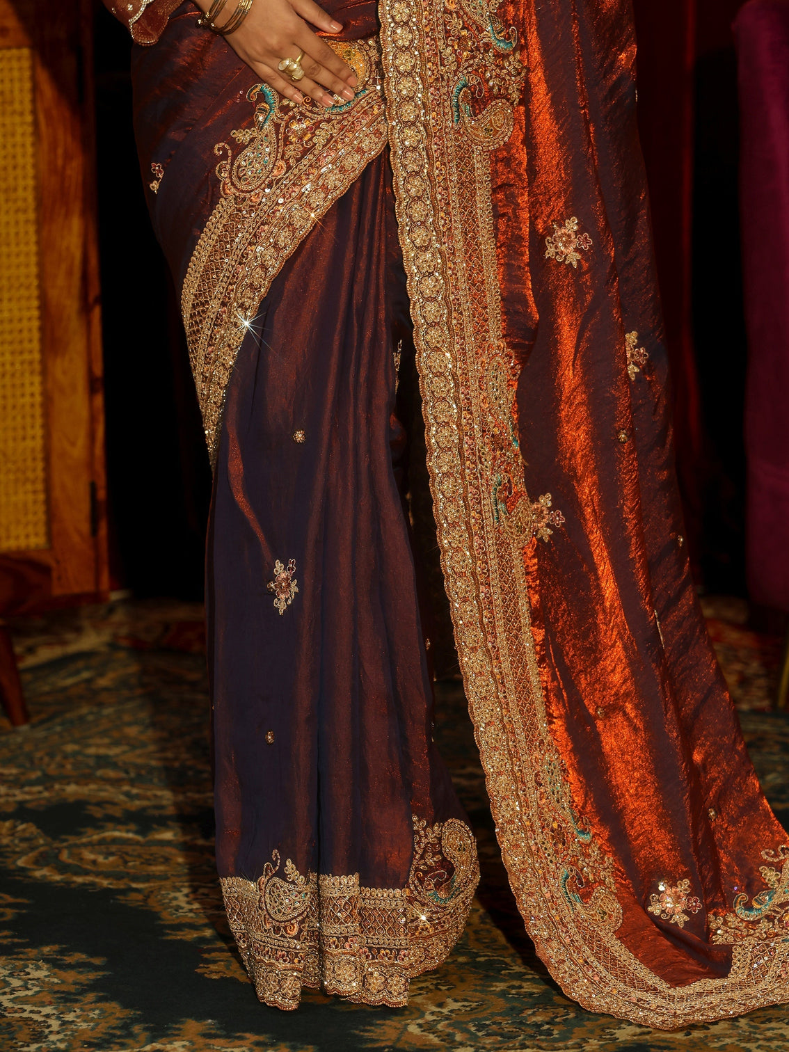 Mameraa Art Rust Brown Sequin Tissue Saree with Embellished Border
