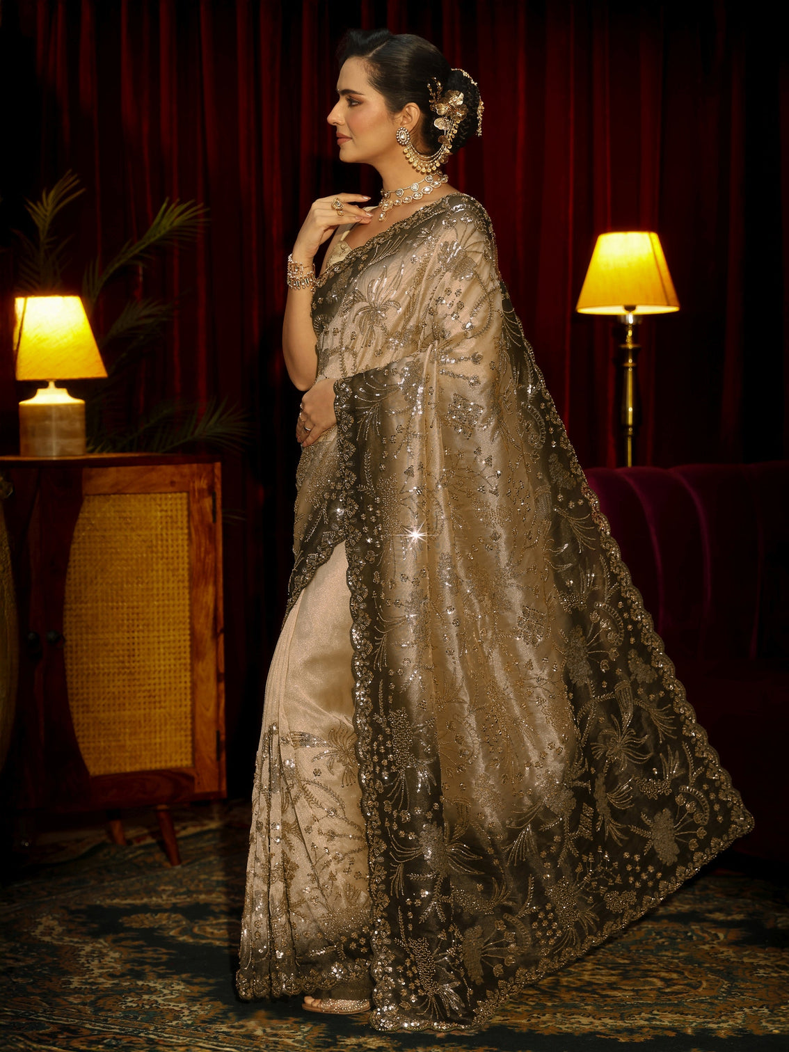 Mameraa Art Taupe Brown Sequin Embellished Tissue Saree