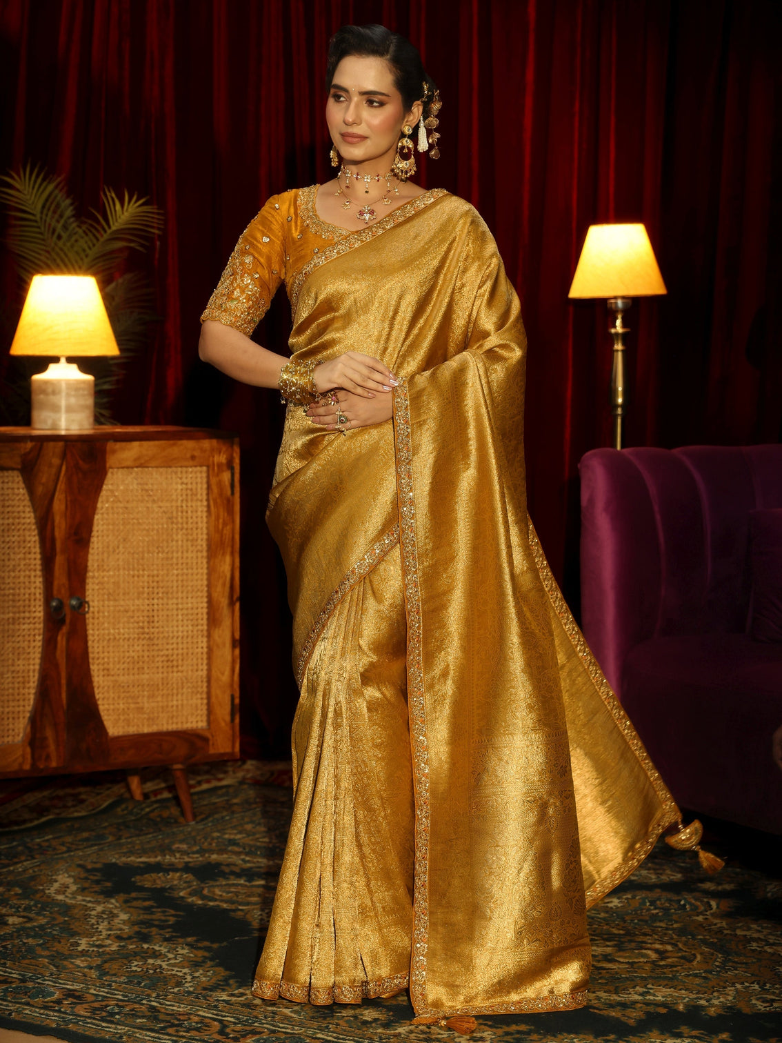 Mameraa Art Mustard Kalamkari Printed Silk Blend Saree