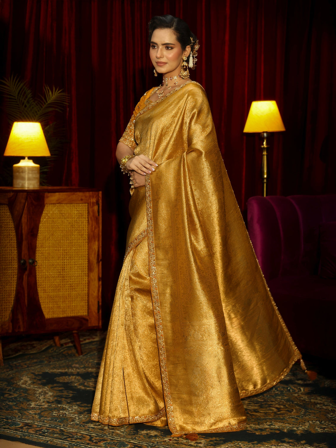 Mameraa Art Mustard Kalamkari Printed Silk Blend Saree