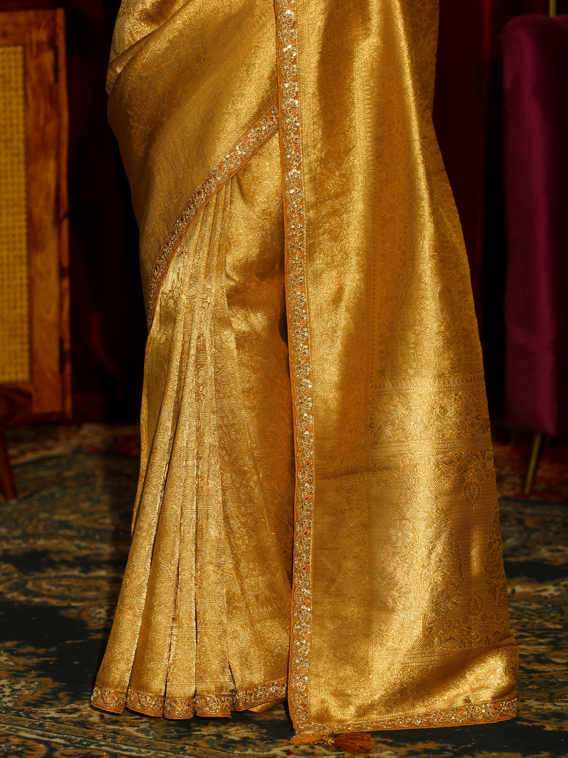 Mameraa Art Mustard Kalamkari Printed Silk Blend Saree