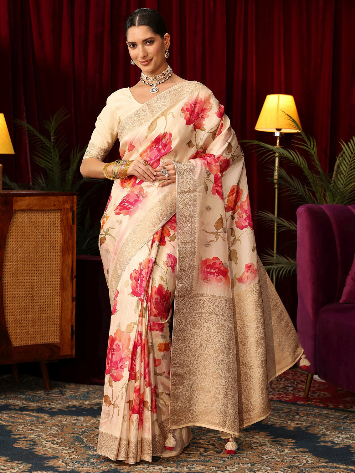 Mameraa Art Cream Floral Printed Silk Blend Saree with Woven Design Border