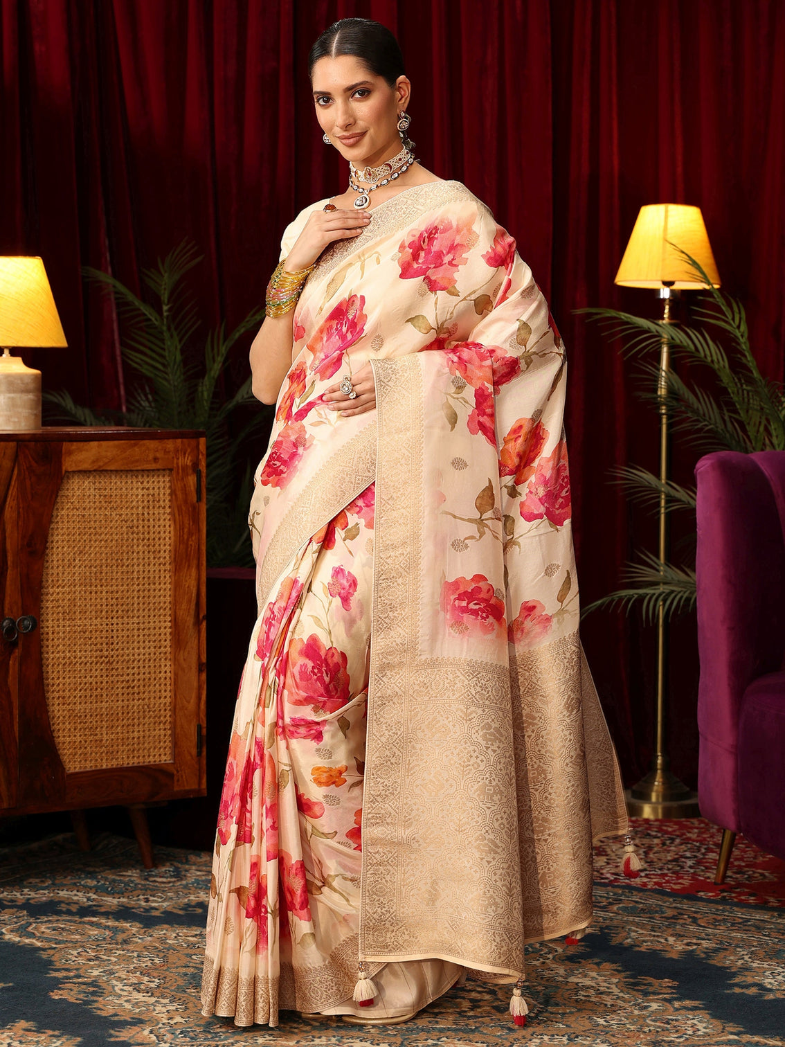 Mameraa Art Cream Floral Printed Silk Blend Saree with Woven Design Border