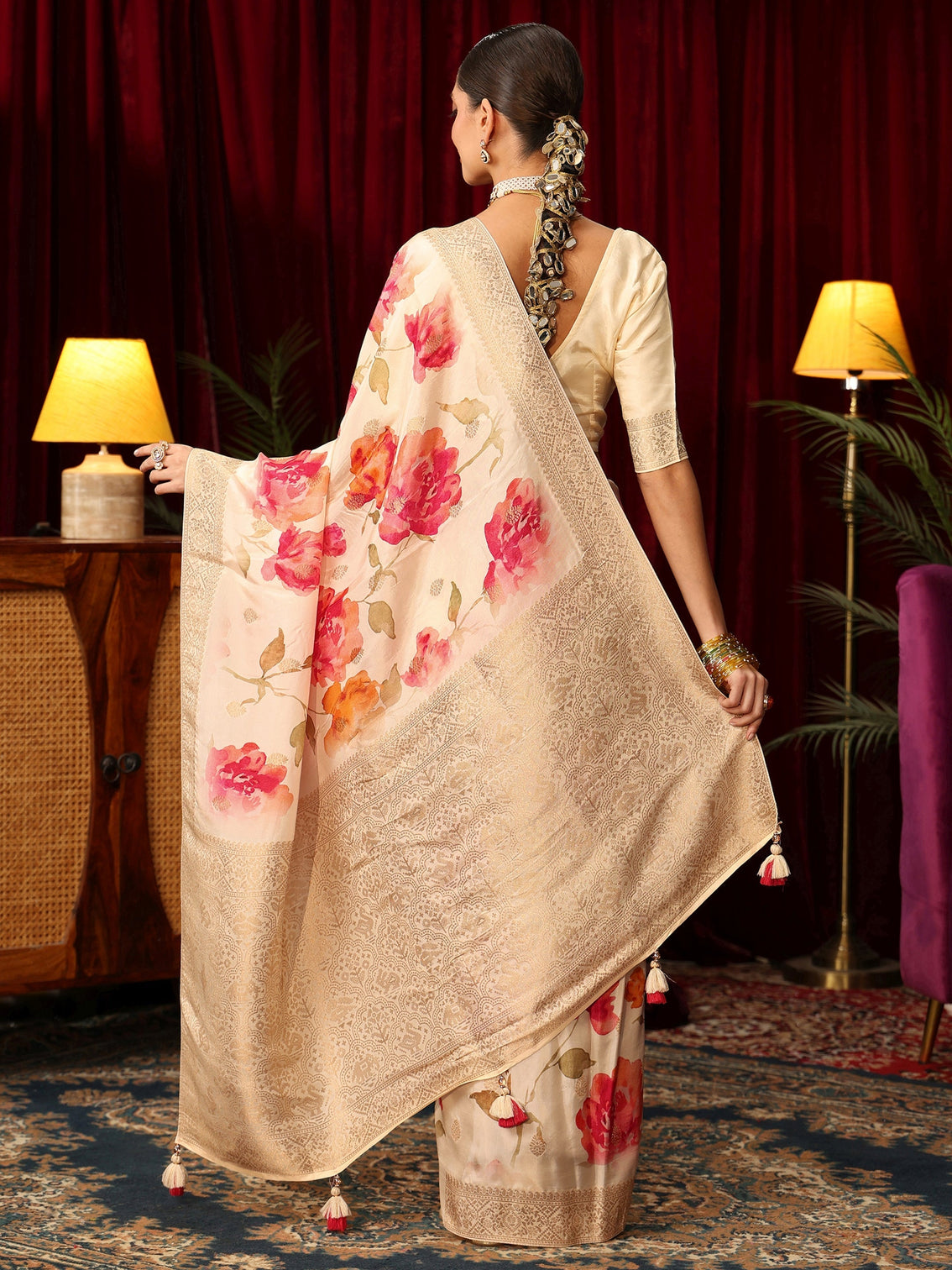 Mameraa Art Cream Floral Printed Silk Blend Saree with Woven Design Border