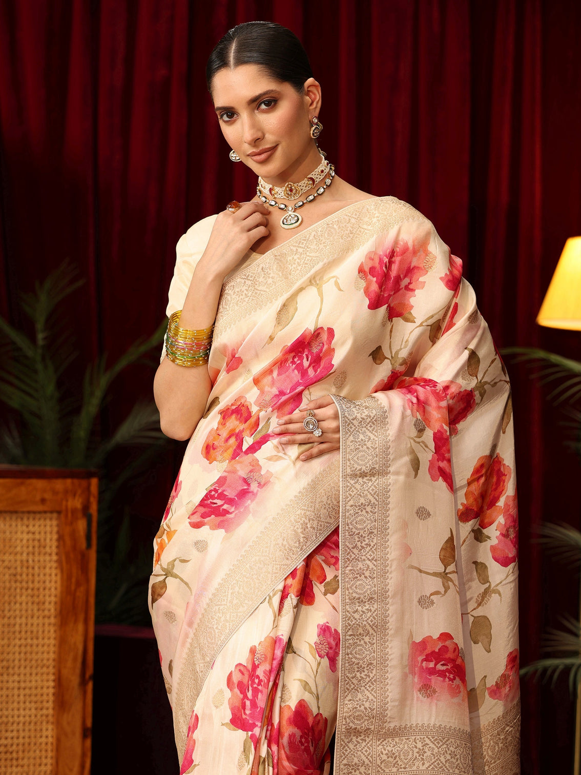 Mameraa Art Cream Floral Printed Silk Blend Saree with Woven Design Border