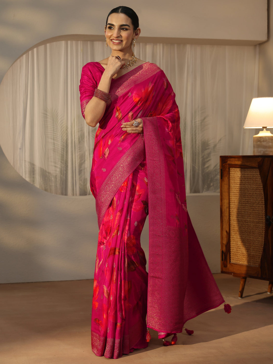 Mameraa Art Fuchsia Pink Floral Printed Silk Blend Saree
