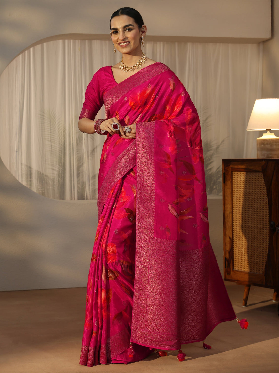 Mameraa Art Fuchsia Pink Floral Printed Silk Blend Saree