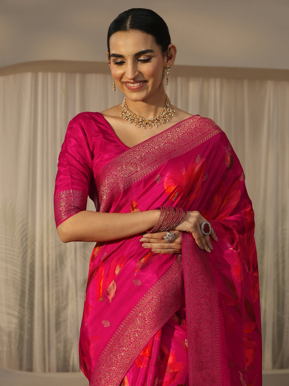 Mameraa Art Fuchsia Pink Floral Printed Silk Blend Saree