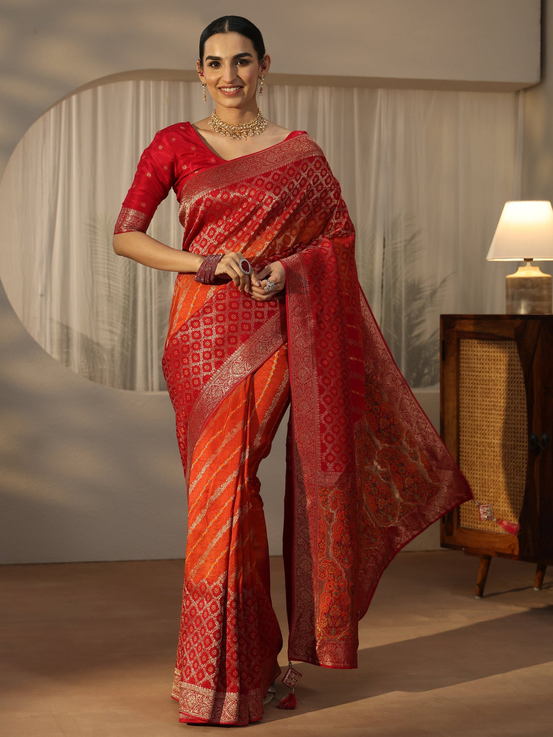 Mameraa Art Ombre Red and Orange Woven Design Silk Blend Saree