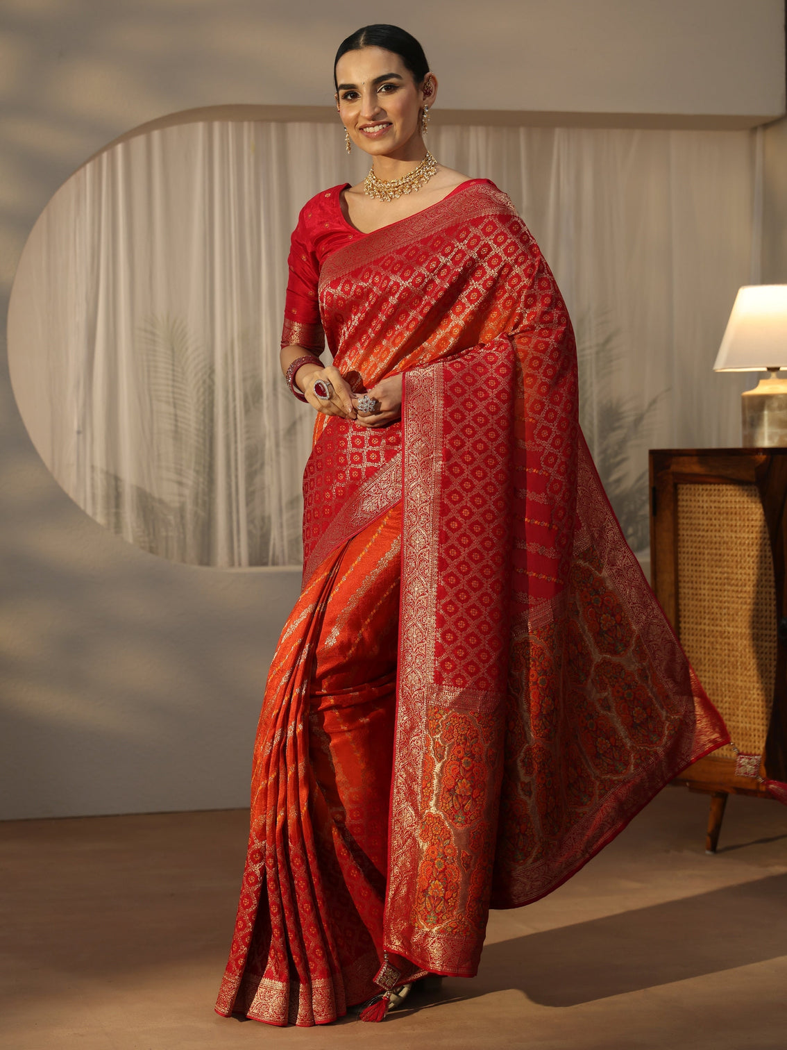 Mameraa Art Ombre Red and Orange Woven Design Silk Blend Saree