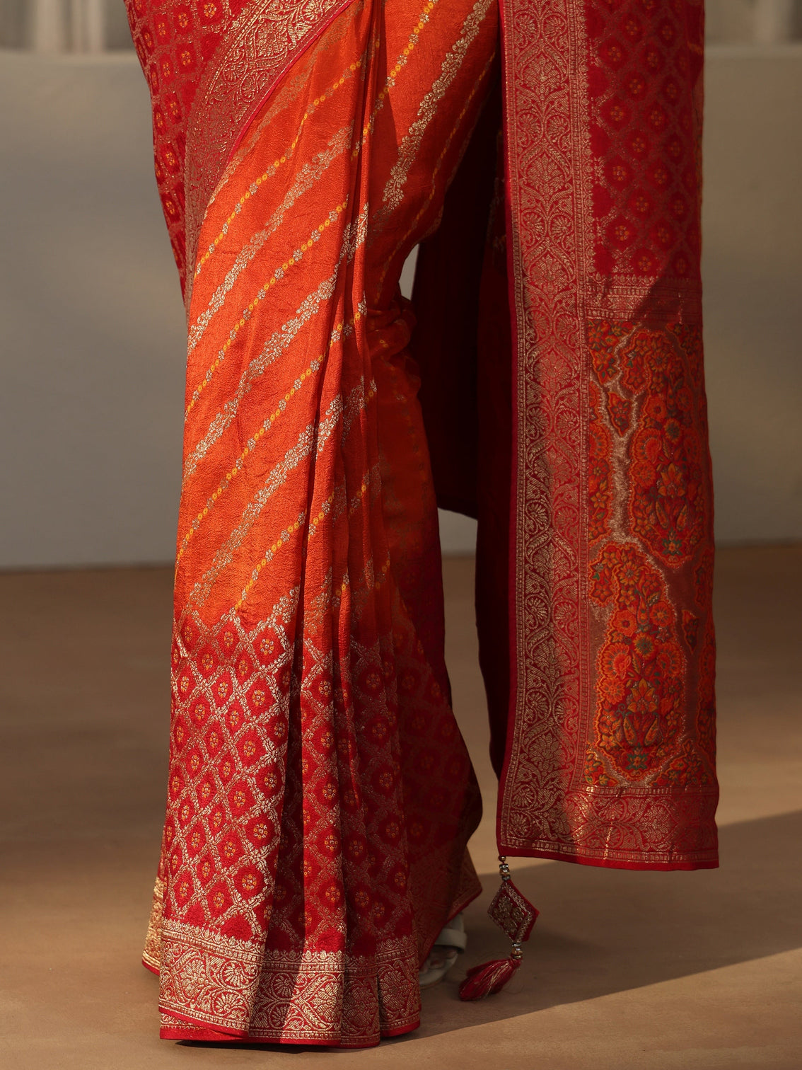 Mameraa Art Ombre Red and Orange Woven Design Silk Blend Saree