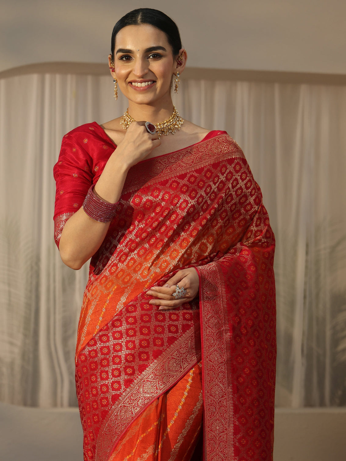 Mameraa Art Ombre Red and Orange Woven Design Silk Blend Saree
