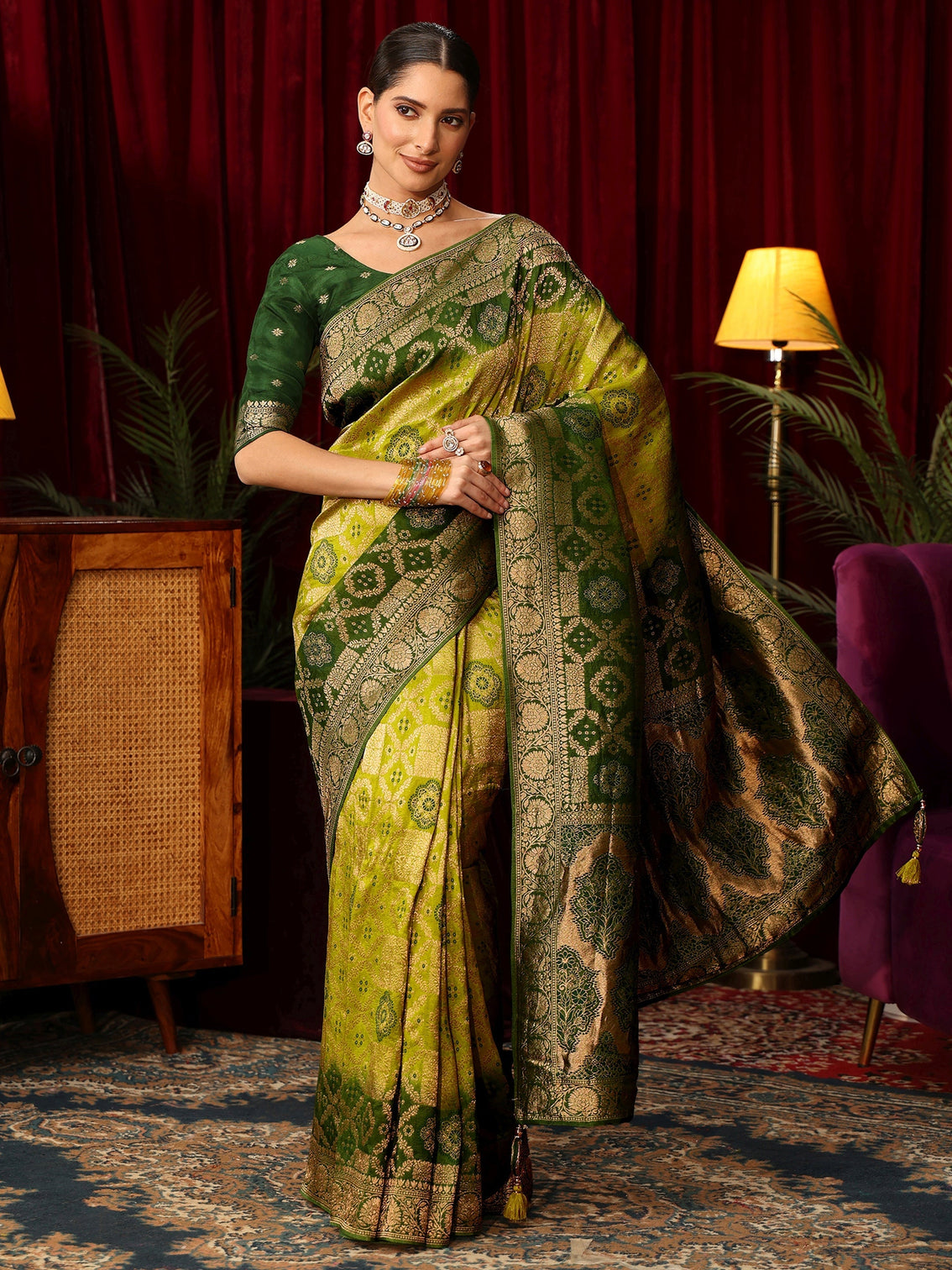 Mameraa Art Ombre Green Silk Blend Saree with Patola Pallu