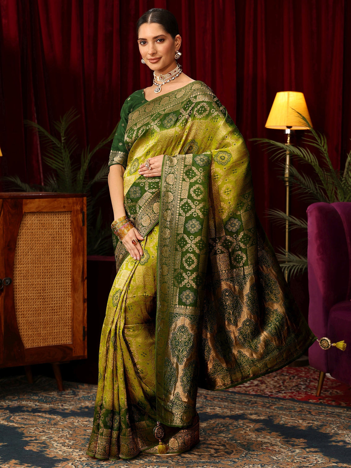 Mameraa Art Ombre Green Silk Blend Saree with Patola Pallu