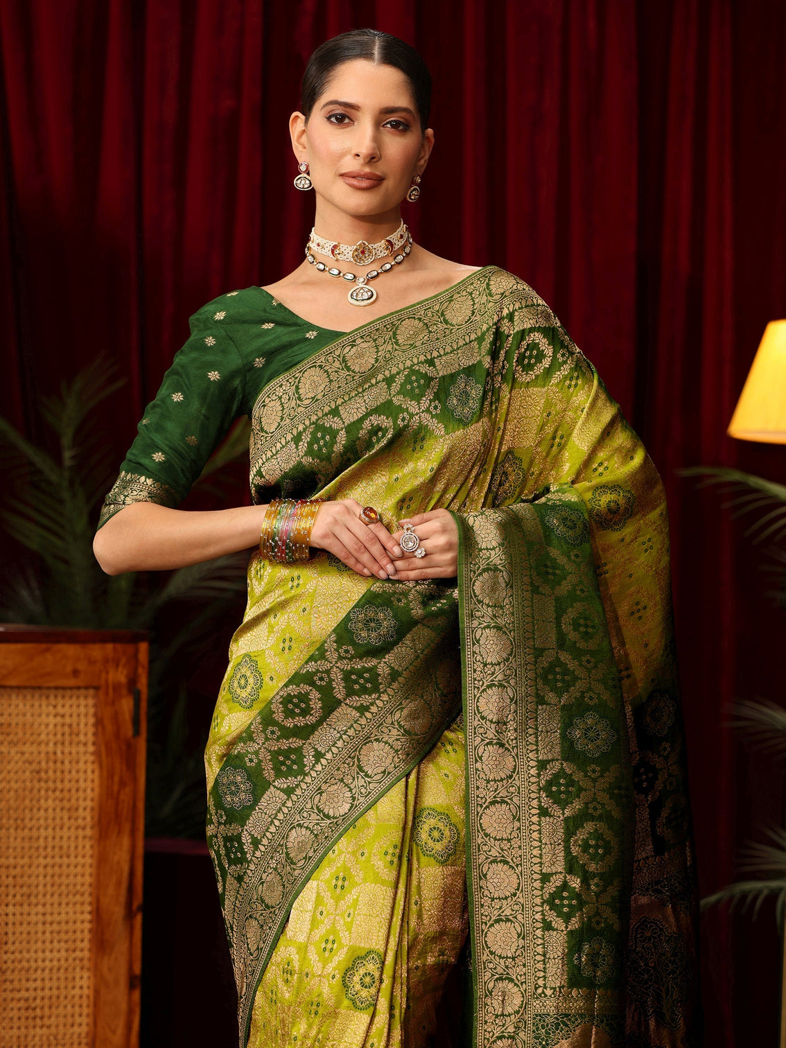Mameraa Art Ombre Green Silk Blend Saree with Patola Pallu