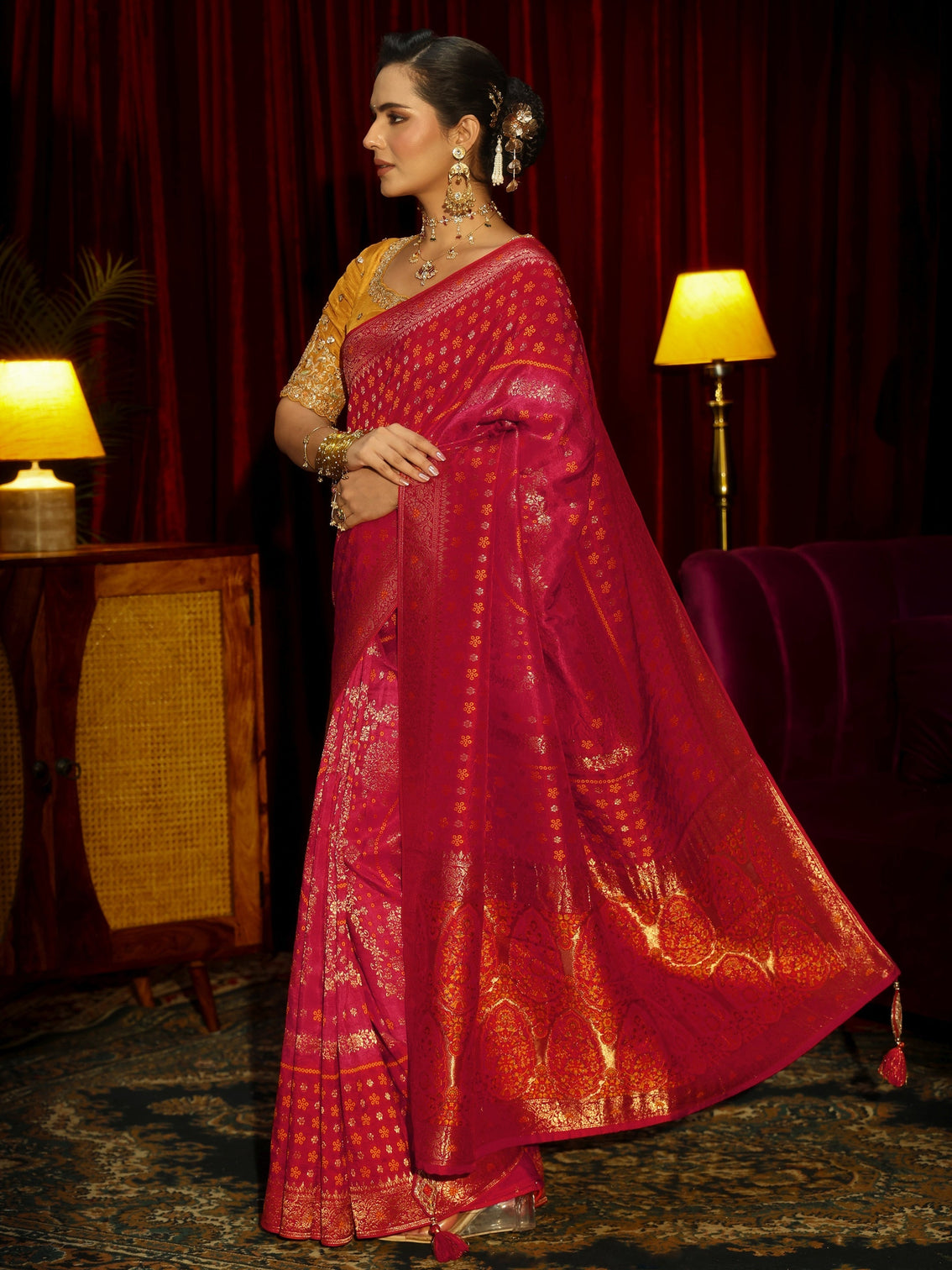 Mameraa Art Crimson Red Floral Woven Silk Blend Saree