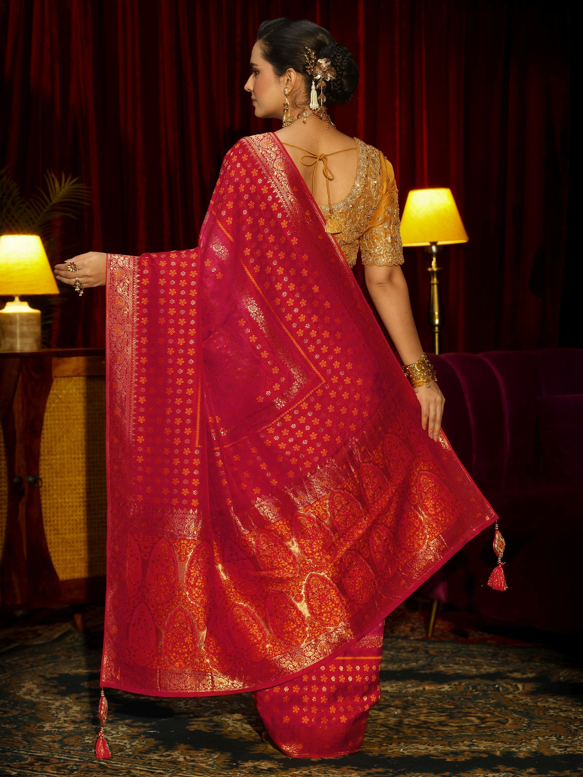 Mameraa Art Crimson Red Floral Woven Silk Blend Saree
