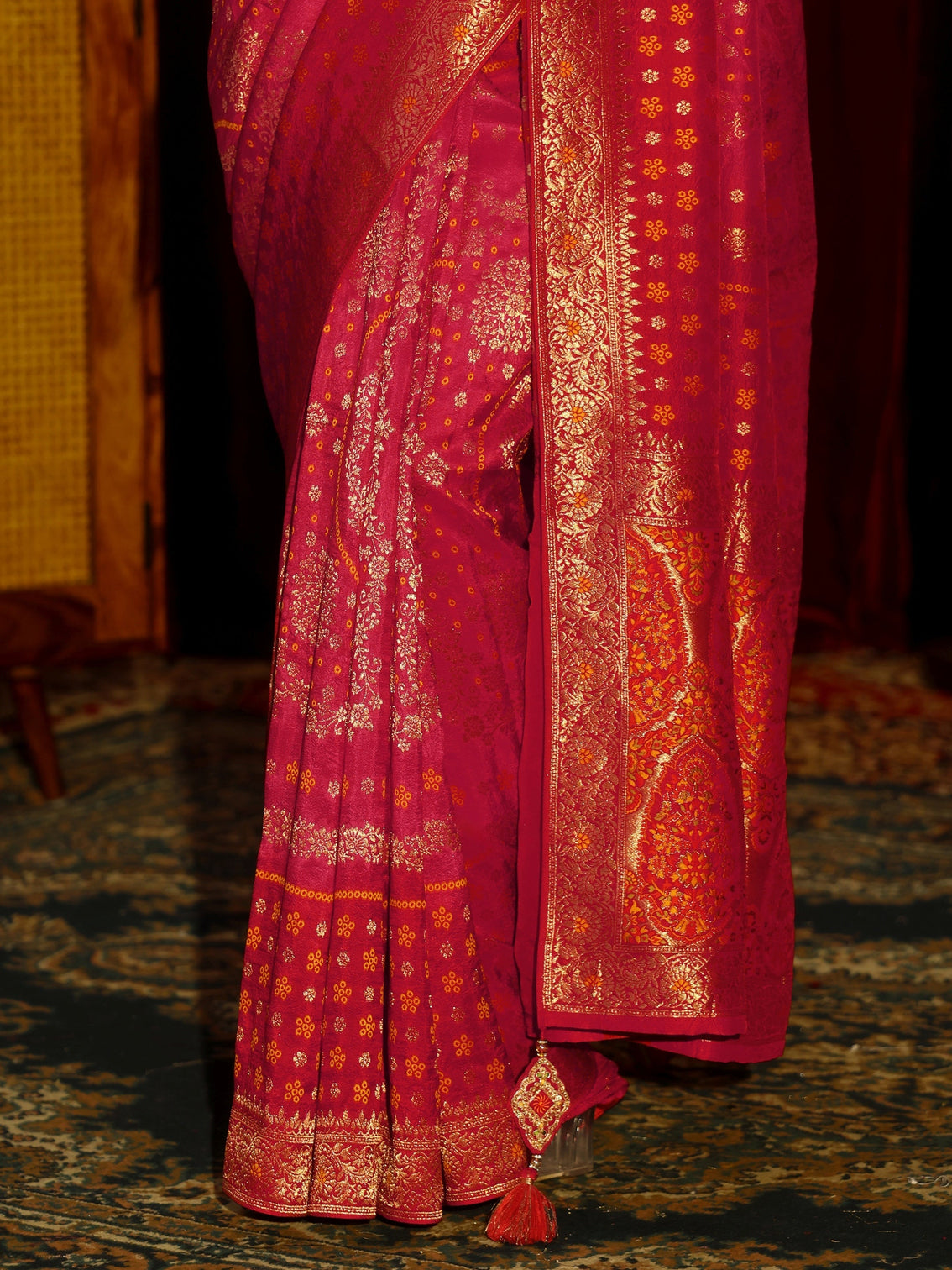 Mameraa Art Crimson Red Floral Woven Silk Blend Saree