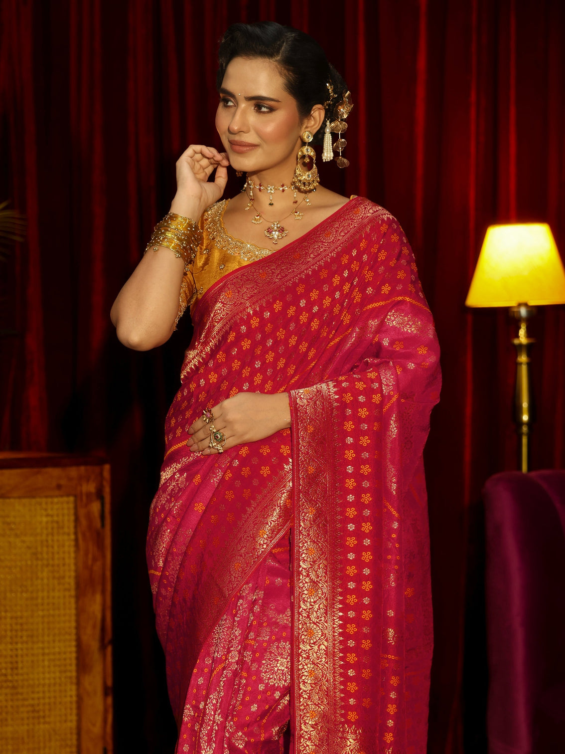 Mameraa Art Crimson Red Floral Woven Silk Blend Saree