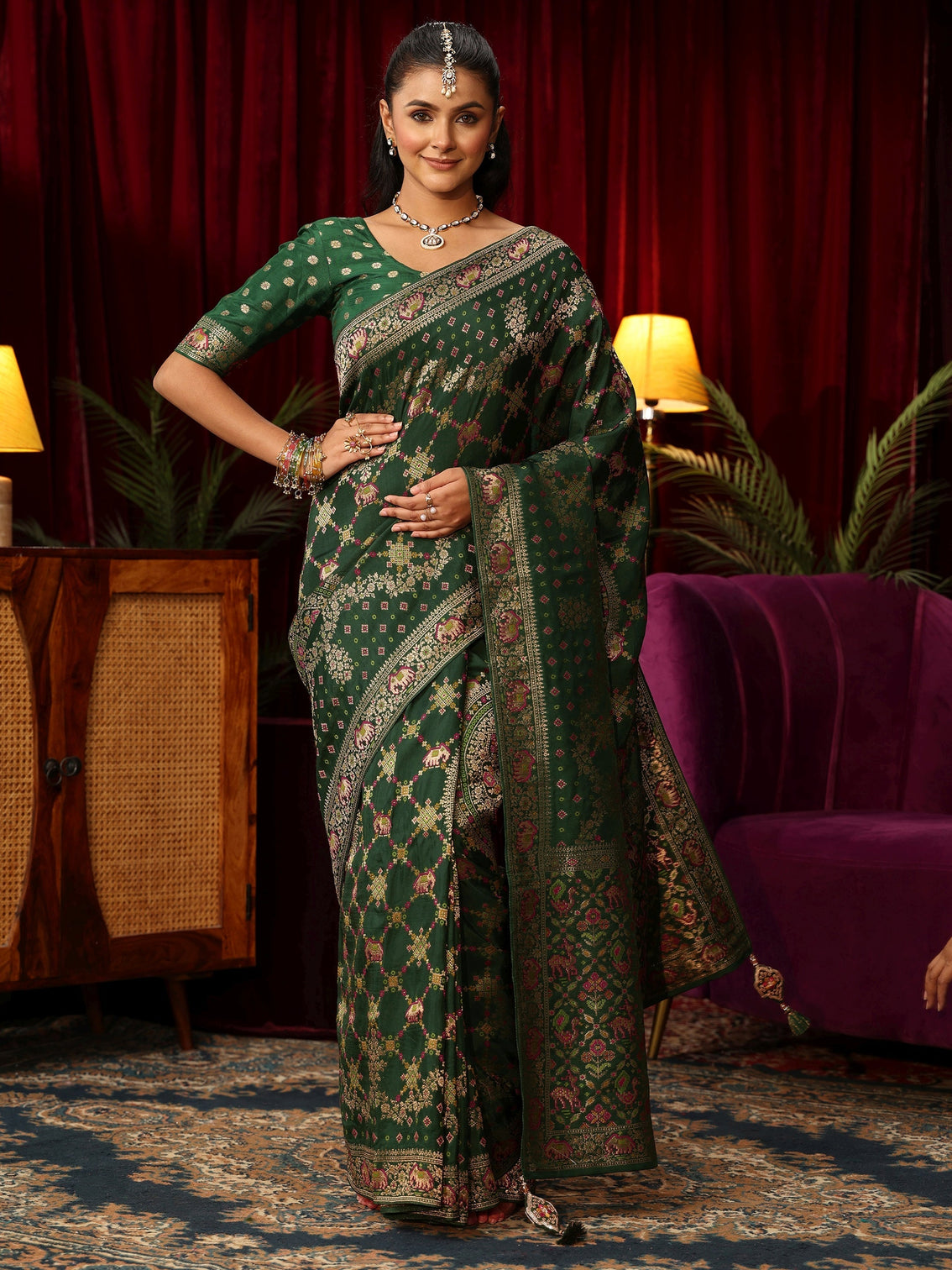 Mameraa Art Ombre Emerald Green Silk Blend Saree with Patola Pallu
