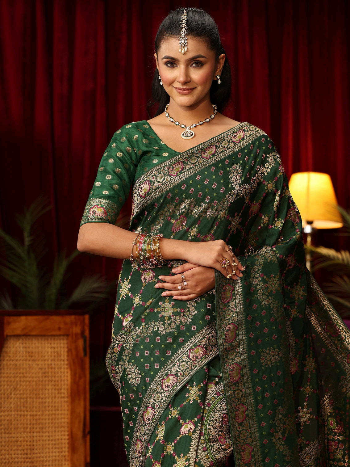 Mameraa Art Ombre Emerald Green Silk Blend Saree with Patola Pallu