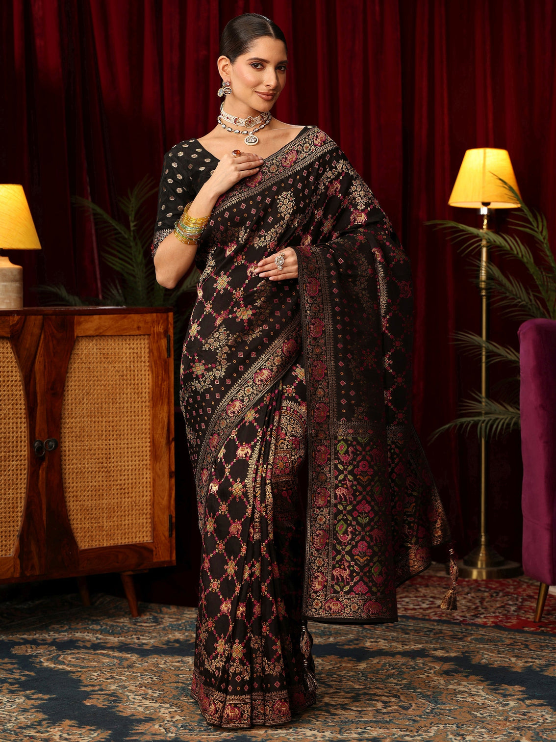 Mameraa Art Black Woven Design Silk Blend Saree with Patola Pallu