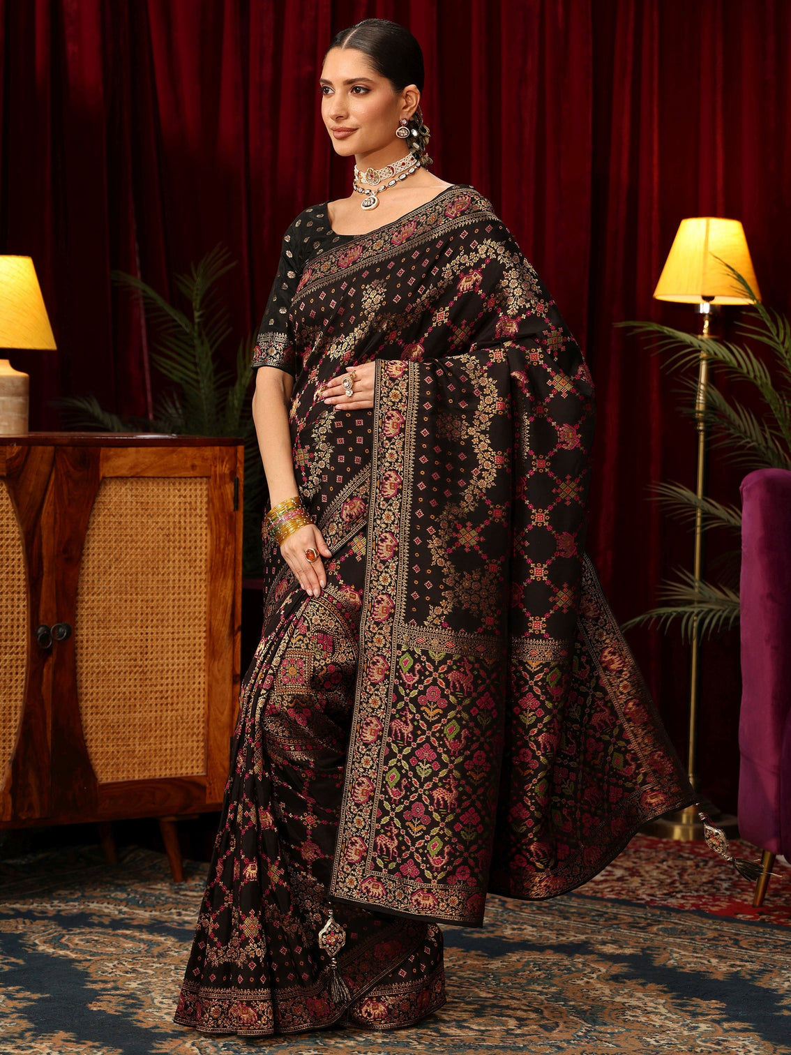 Mameraa Art Black Woven Design Silk Blend Saree with Patola Pallu