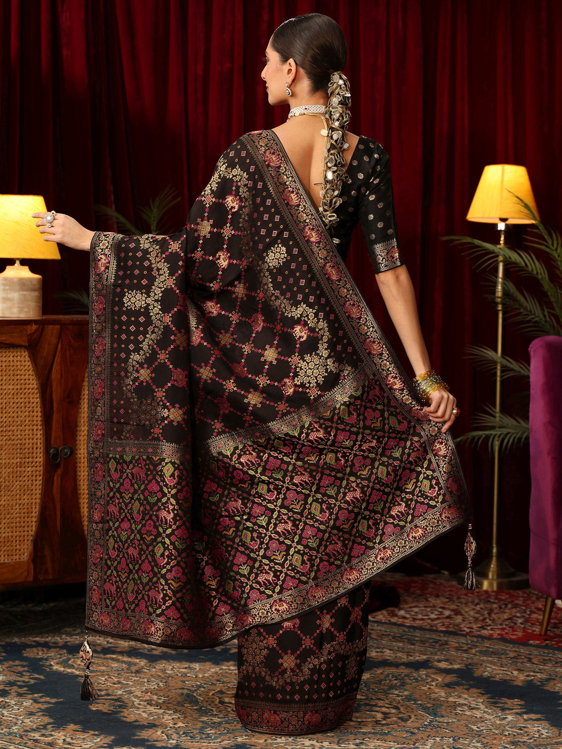 Mameraa Art Black Woven Design Silk Blend Saree with Patola Pallu