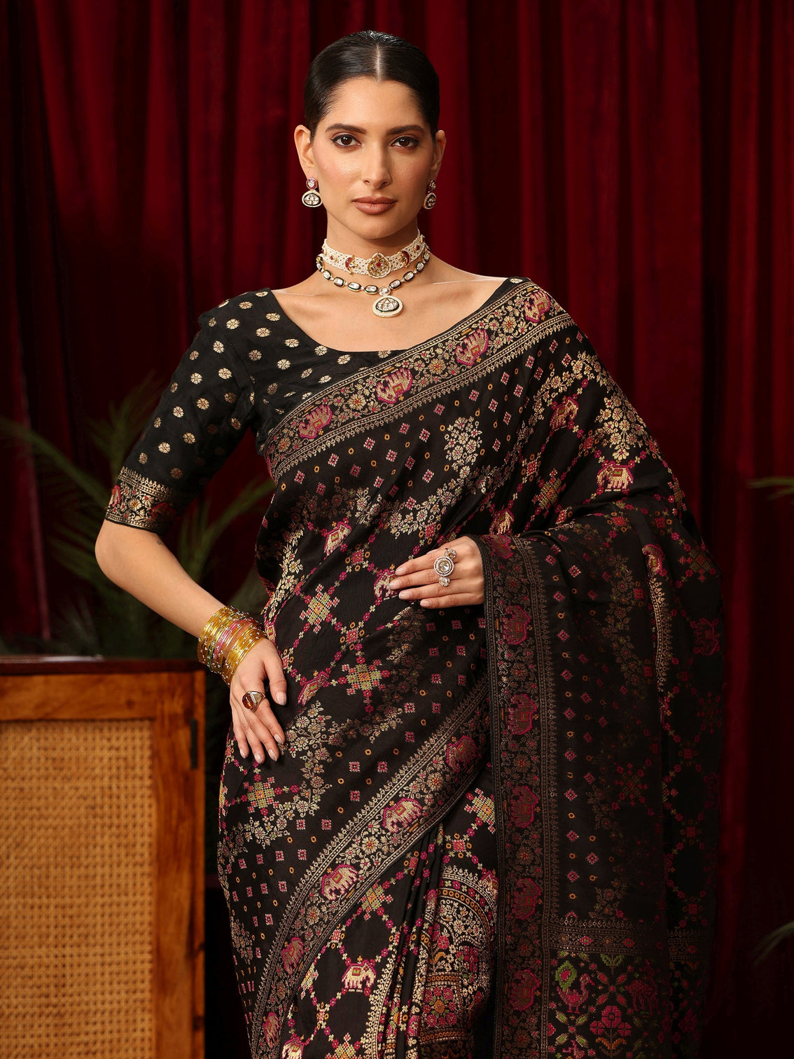 Mameraa Art Black Woven Design Silk Blend Saree with Patola Pallu
