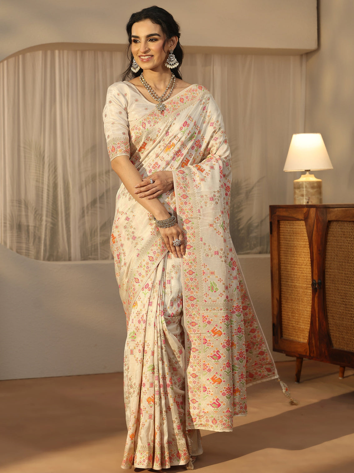 Mameraa Art Cream Woven Design Silk Blend Saree