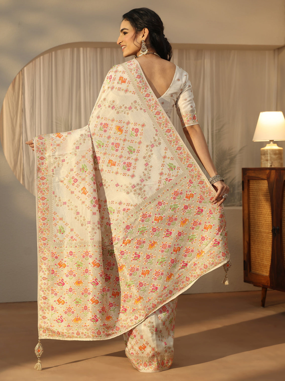 Mameraa Art Cream Woven Design Silk Blend Saree