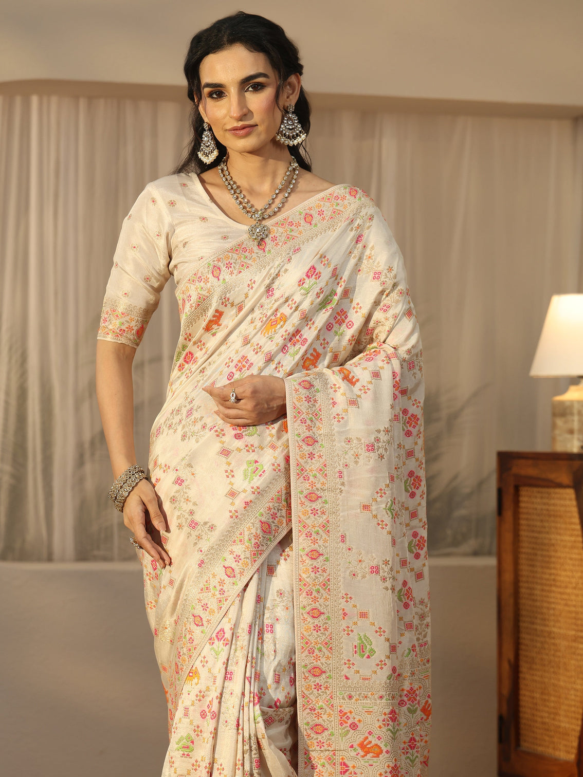 Mameraa Art Cream Woven Design Silk Blend Saree