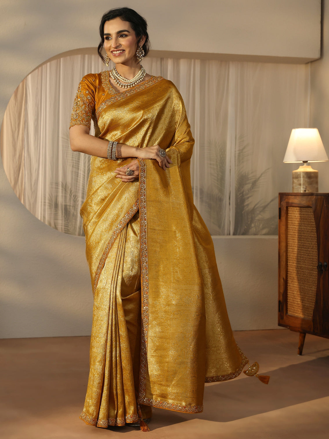 Mameraa Art Mustard Textured Silk Blend Saree with Embellished Border