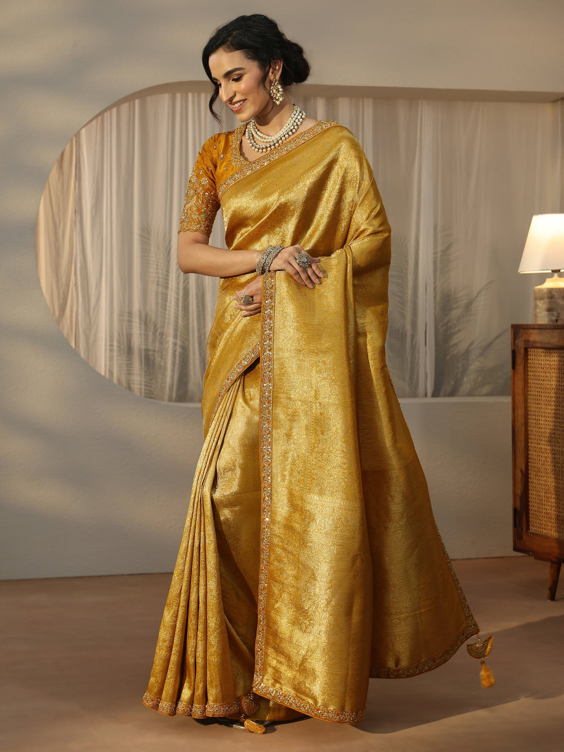 Mameraa Art Mustard Textured Silk Blend Saree with Embellished Border