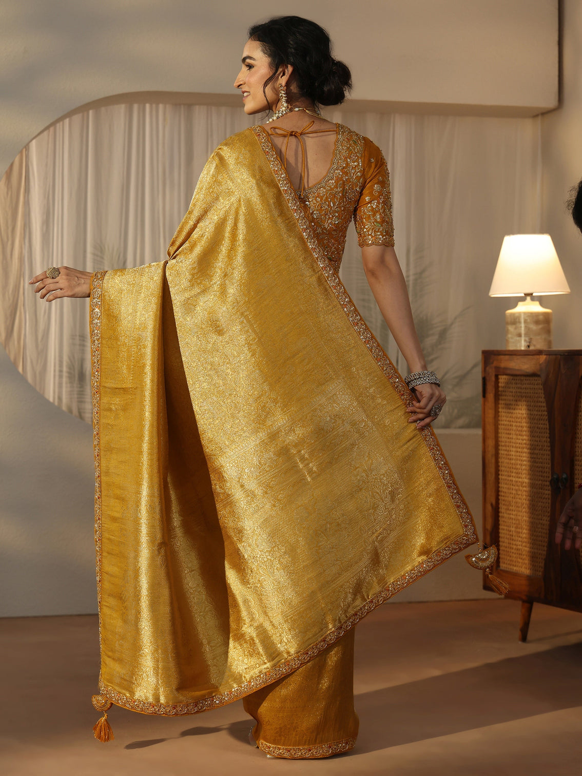 Mameraa Art Mustard Textured Silk Blend Saree with Embellished Border