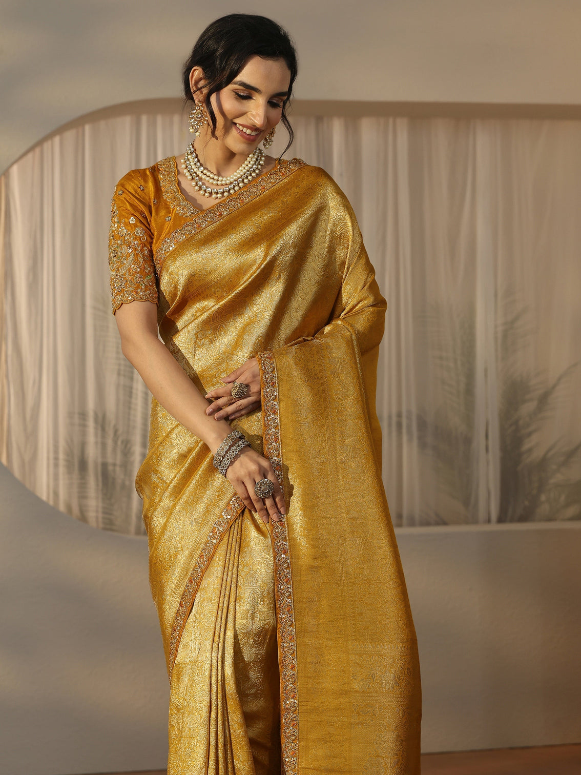 Mameraa Art Mustard Textured Silk Blend Saree with Embellished Border