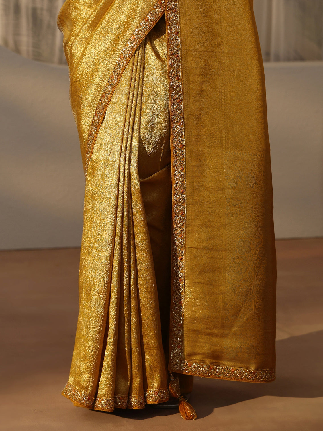 Mameraa Art Mustard Textured Silk Blend Saree with Embellished Border