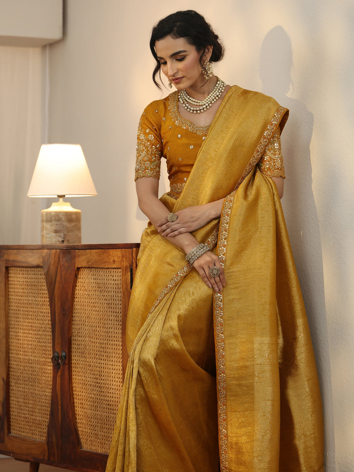 Mameraa Art Mustard Textured Silk Blend Saree with Embellished Border