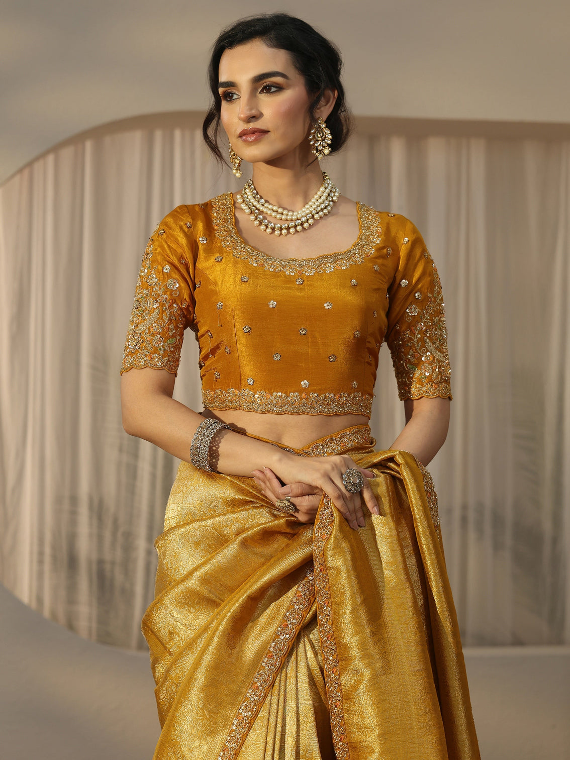 Mameraa Art Mustard Textured Silk Blend Saree with Embellished Border