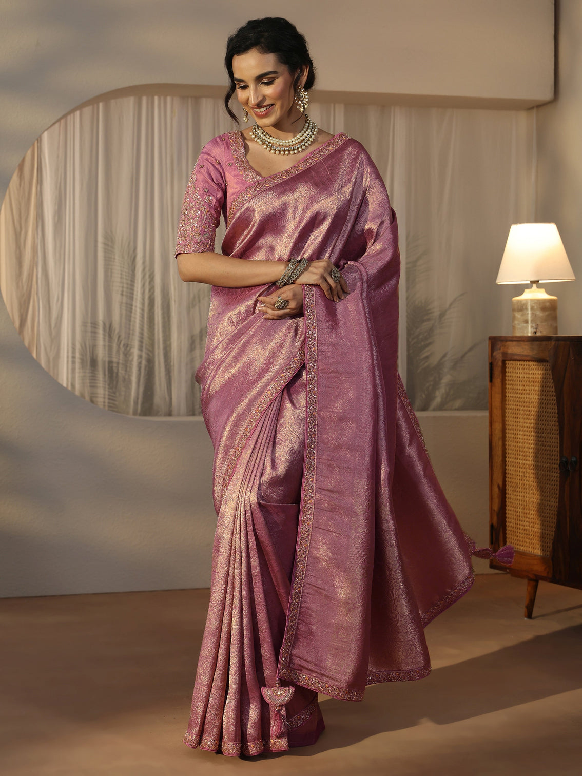 Mameraa Art Lavender Textured Silk Blend Saree with Embellished Border