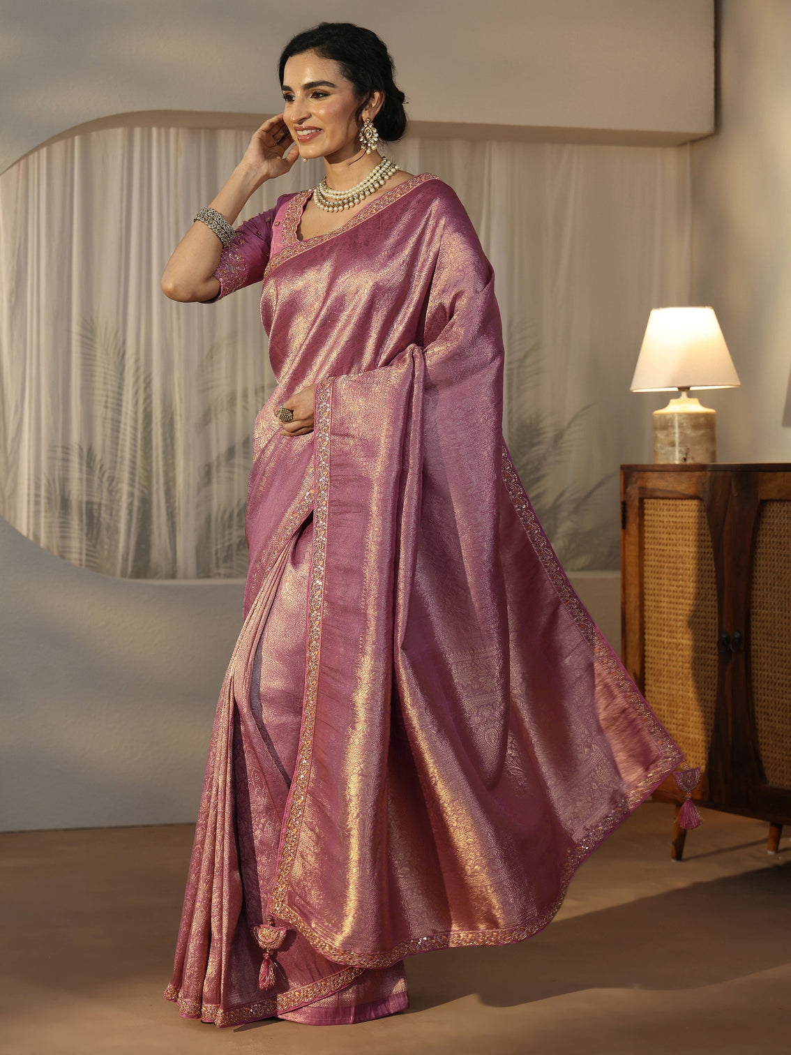 Mameraa Art Lavender Textured Silk Blend Saree with Embellished Border