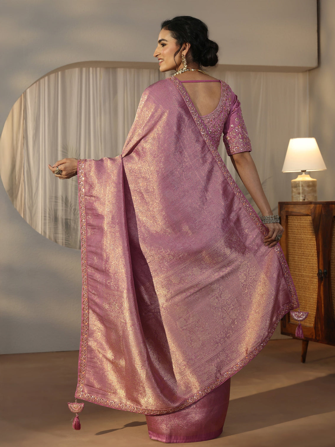 Mameraa Art Lavender Textured Silk Blend Saree with Embellished Border