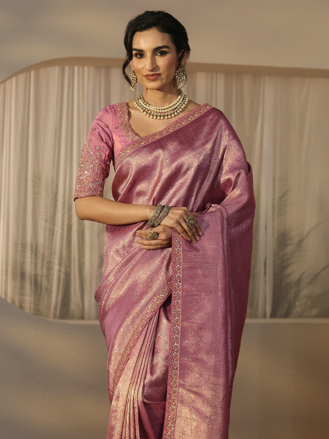 Mameraa Art Lavender Textured Silk Blend Saree with Embellished Border