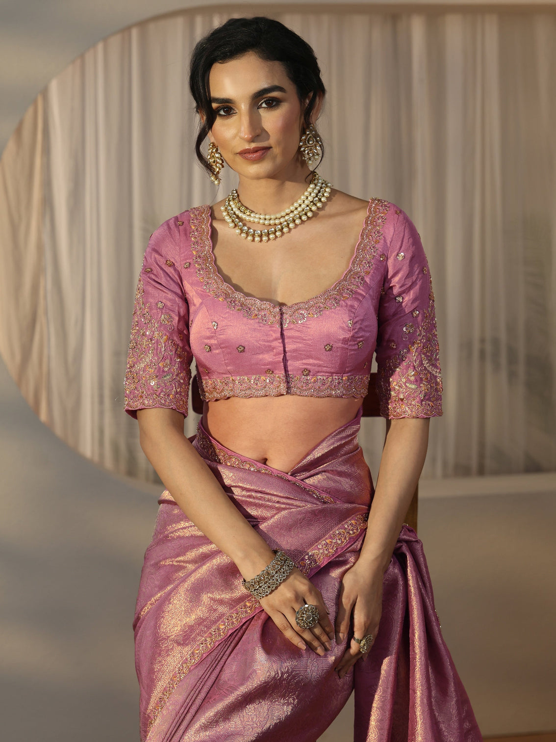 Mameraa Art Lavender Textured Silk Blend Saree with Embellished Border